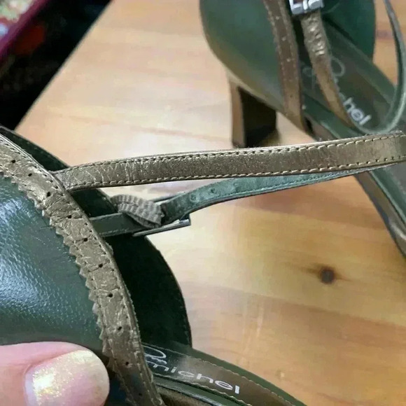 Vintage Pierre Michel Delicate Olive Green w Bronze Trim, Ankle  Strap Heels - Picture 13 of 13